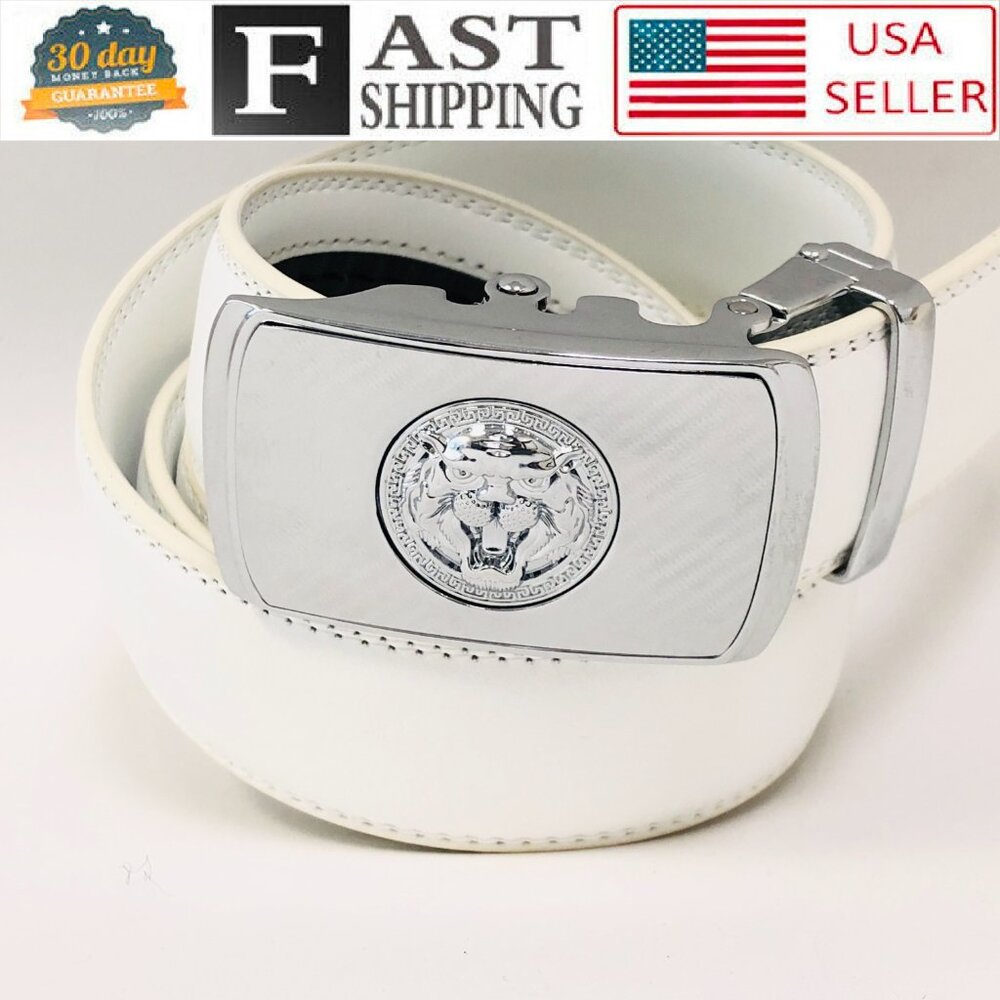 White Leather Ratchet Belt Automatic Lion Buckle Adjustable Dress Belt for Men
